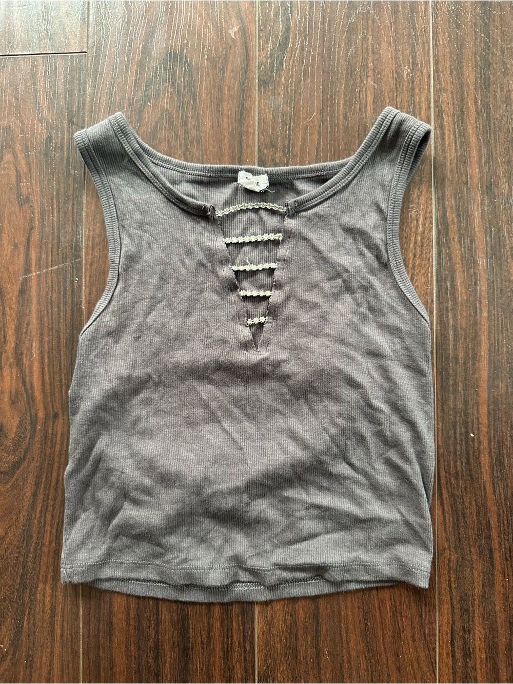 Garage Charcoal Ribbed Ladder Cutout Crop Tank